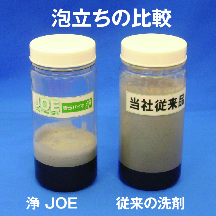 ㈱ツー・エム化成の従来の洗浄剤と「浄（JOE)」の泡立ち比較※界面活性剤を0.5％以下に抑えているため、すすぎも少なくて済む