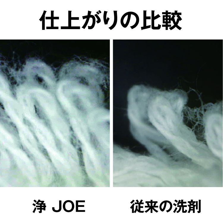 ㈱ツー・エム化成の従来の洗浄剤と「浄（JOE）」それぞれ10回洗濯したタオルのパイル地の比較